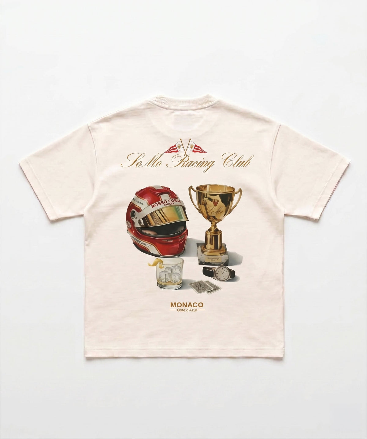 Monaco Racing Club Tee Burgundy Helmet — Flat-Lay